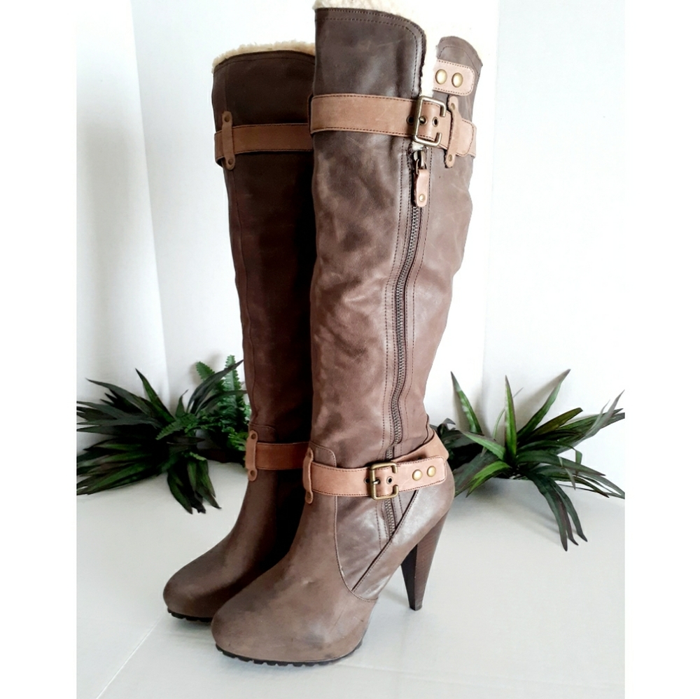 Aldo Strap Buckle & Zipper Heeled Boots in Bwn/Tan